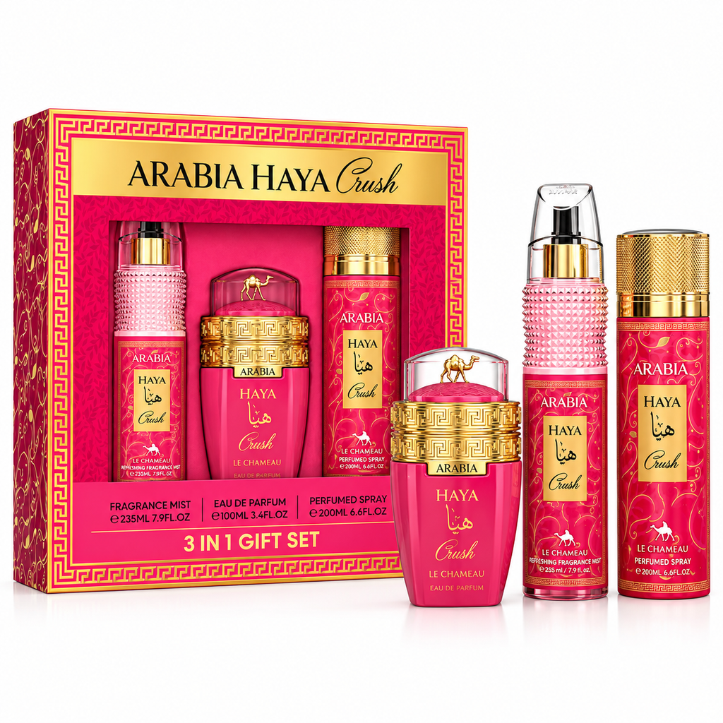 Le Chameau Arabia Haya Crush Women’s Fragrance Gift Set – 100ml Eau de Parfum, 235ml Mist & 200ml Spray
