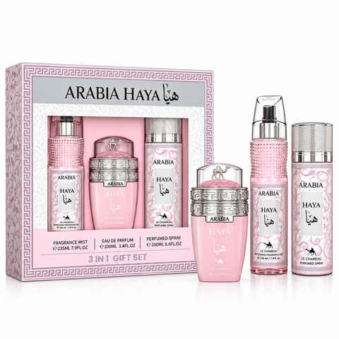 Le Chameau Arabia Haya 3-in-1 Gift Set for Women -100ml Eau de Parfum, 235ml Fragrance Mist & 200ml Perfumed Spray